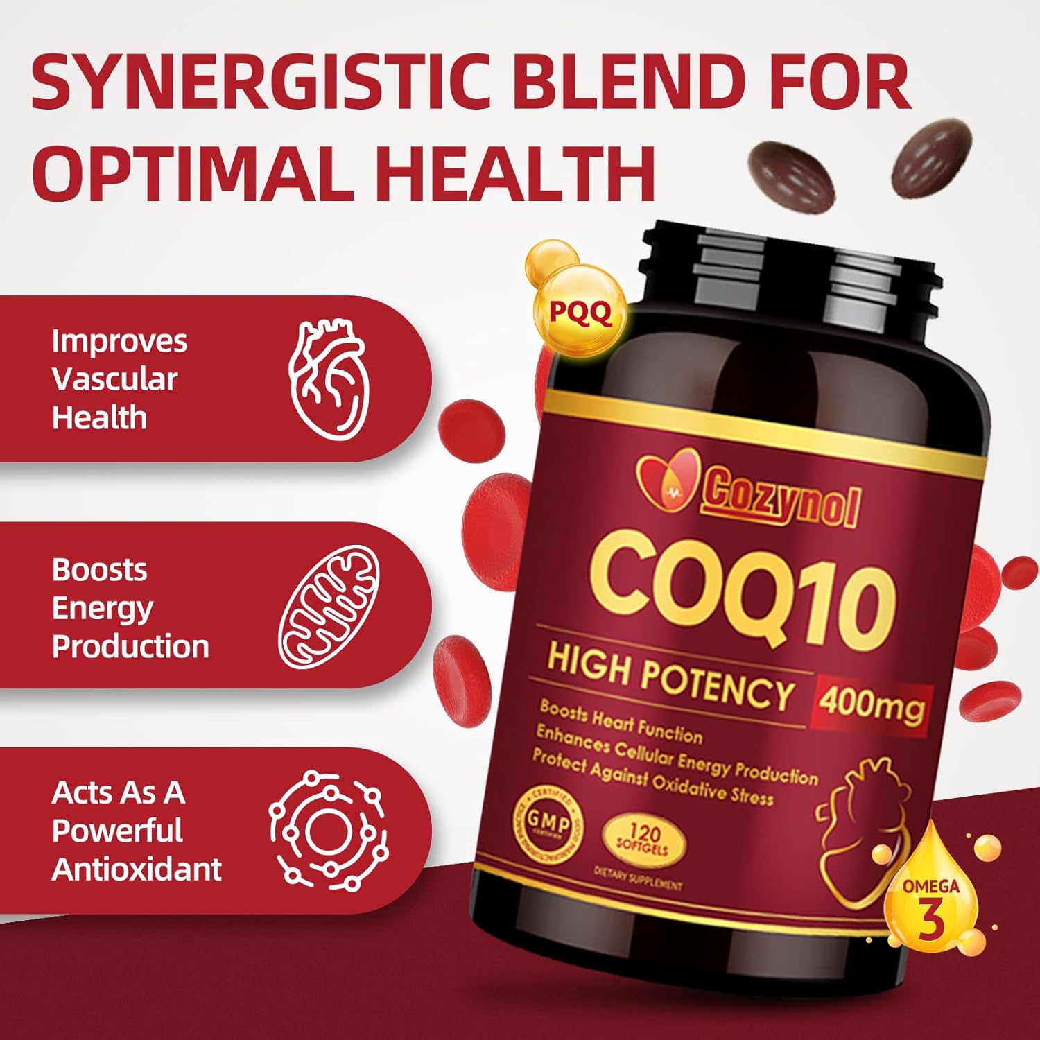 CoQ10-400mg-Softgels with PQQ & Omega 3, Maximum Absorption Coenzyme Q10, Powerful Antioxidant for Heart Health & Energy Production, 120 Count, Non-GMO