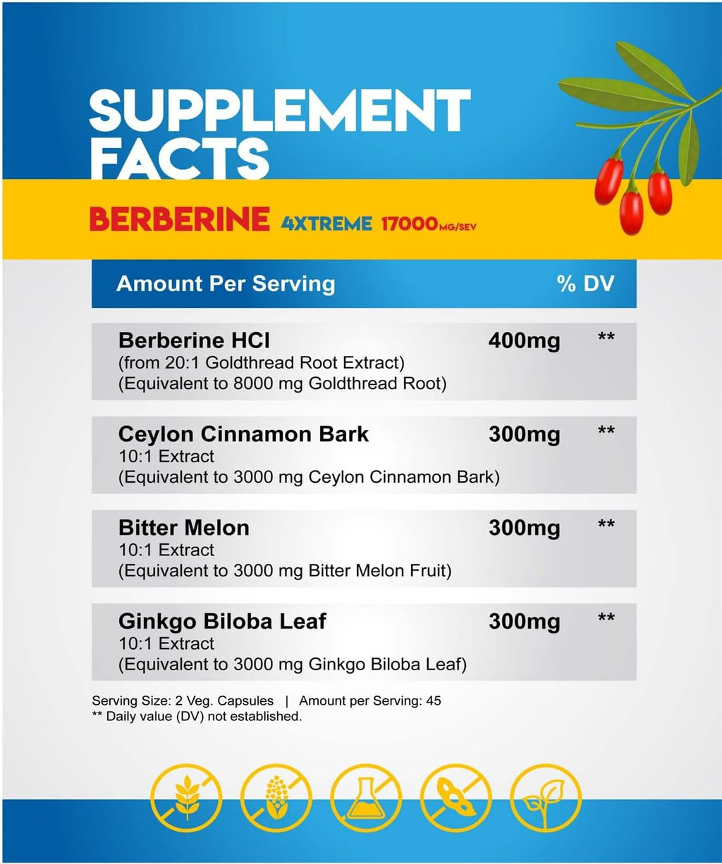 AJS Berberine Supplement with Ceylon Cinnamon & Ginkgo Biloba - Blood Sugar Support Supplement, High Potency Berberine HCl 400mg + Bitter Melon Extract, 90 Capsules, 45 Days Supply
