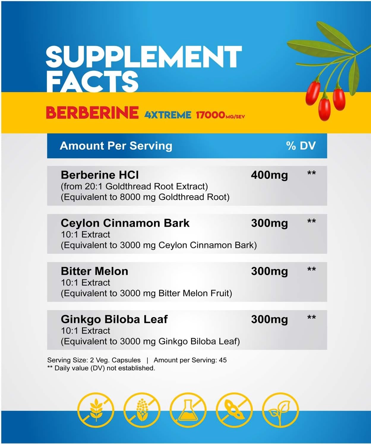 AJS Berberine Supplement with Ceylon Cinnamon & Ginkgo Biloba - Blood Sugar Support Supplement, High Potency Berberine HCl 400mg + Bitter Melon Extract, 90 Capsules, 45 Days Supply