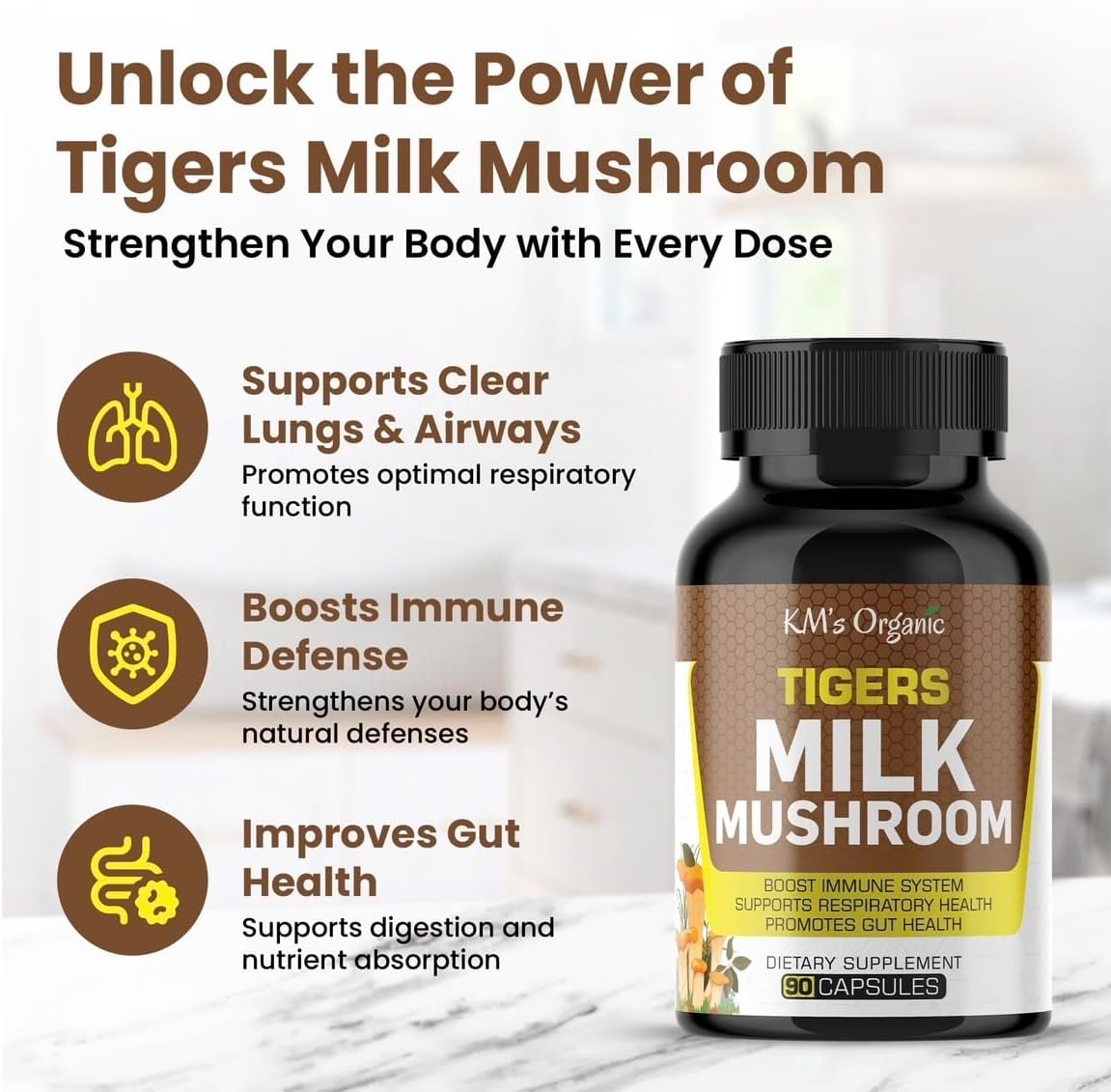 KM's Organic Tiger’s Milk Mushroom Supplement 10:1 Extract (Lignosus Rhinocerus) – Respiratory & Immune Support, Gut Health – 450 mg, 90 Vegan Capsules