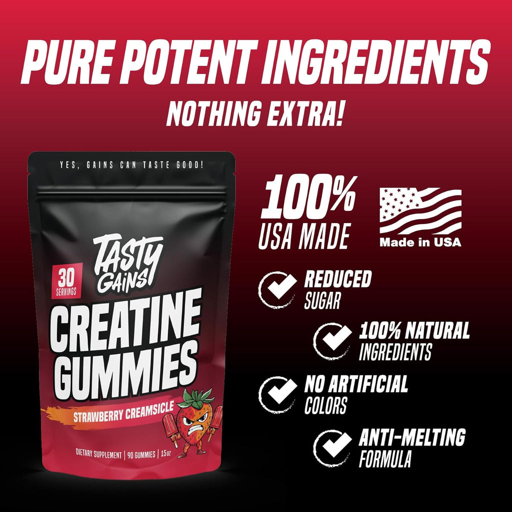 TASTY GAINS Creatine Gummies - 90g of Creatine Monohydrate - Workout Supplements - Build Muscle & Boost Strength for Men & Women - Made in USA - Non GMO - (Large, Strawberry Creamsicle Flavor)