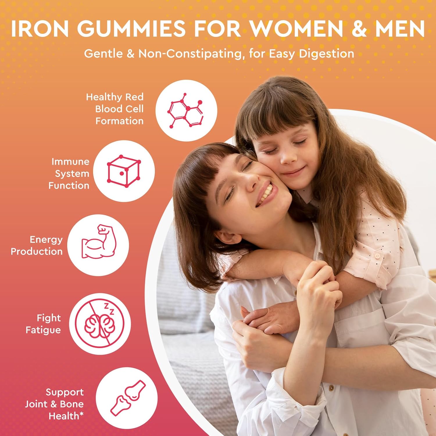 Iron Supplement Gummies for Adults & Kids - with Calcium, Zinc, Folate & Multivitamin - Blood Builder & Energy Support & Immune Health for Iron Deficiency, Anemia, Vegan -Peach & Mango Flavor 60 Count