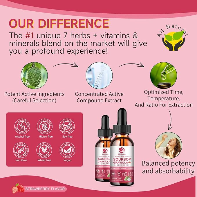 (2 Pack) Soursop Graviola Leaf Extract Liquid Drop Plus Pure Botanical Sea Moss for Cell Support & Regeneration, Immunity and Gut Health, Soursop Bitters Liquid丨Full Texture,Strawberry Flavor,1 Fl Oz
