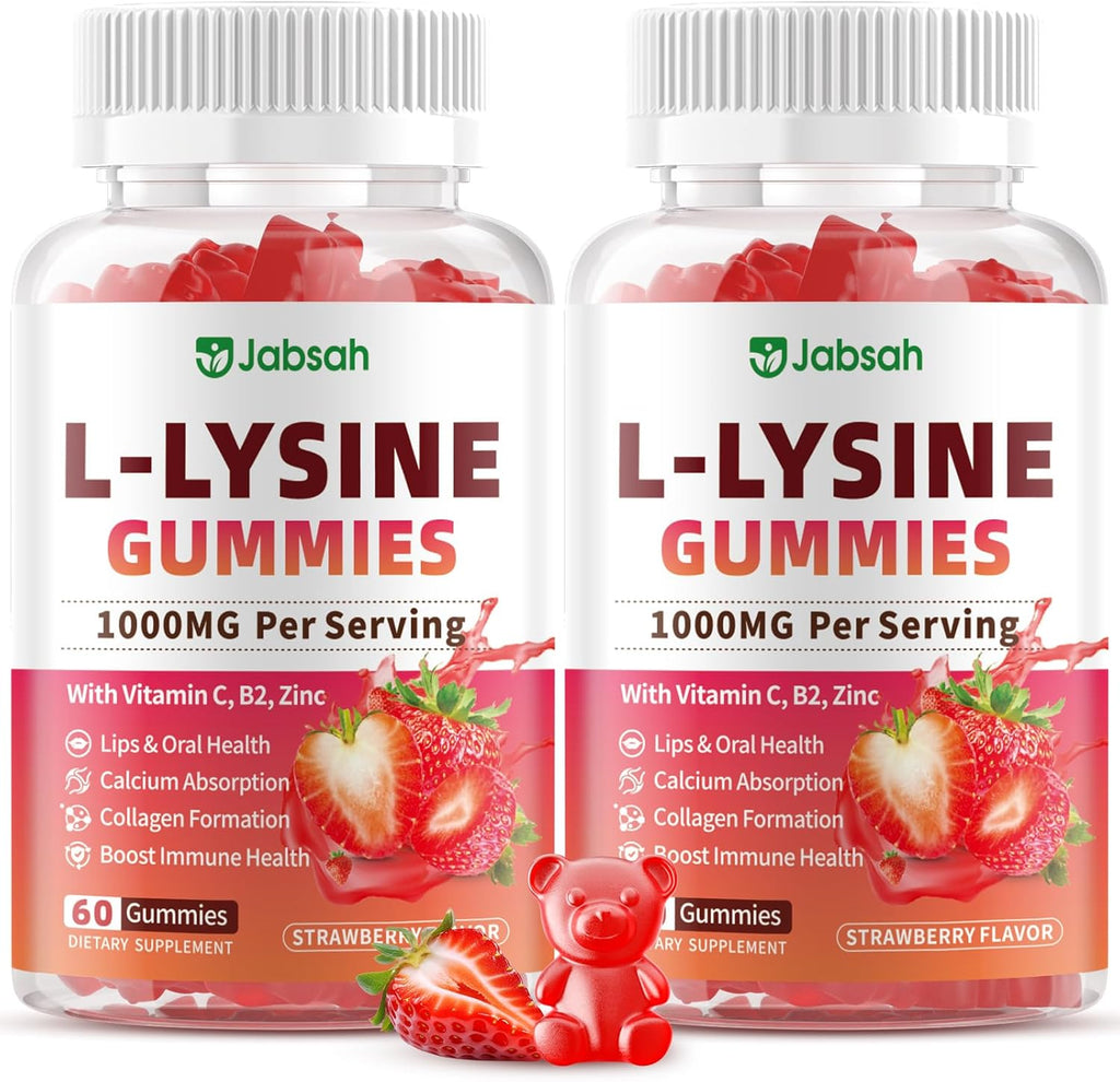 L-Lysine Gummies 1000 mg for Kids and Adults, L-Lysine Supplements with Vitamin C, B2 for Lips & Oral Health, Immune Support & Collagen & Calcium- Vegan, Non GMO, Strawberry Flavor, 120 Count