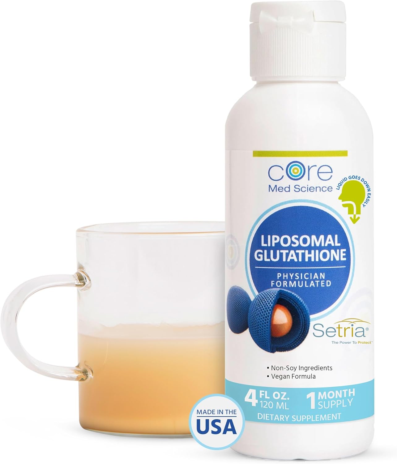 Core Med Science Liposomal Glutathione Liquid Supplement (500mg, 4 Fl Oz) - Pure Reduced Setria with Phospholipid Complex - Antioxidant Supplement for Energy, Brain Health, Skin & Liver Health
