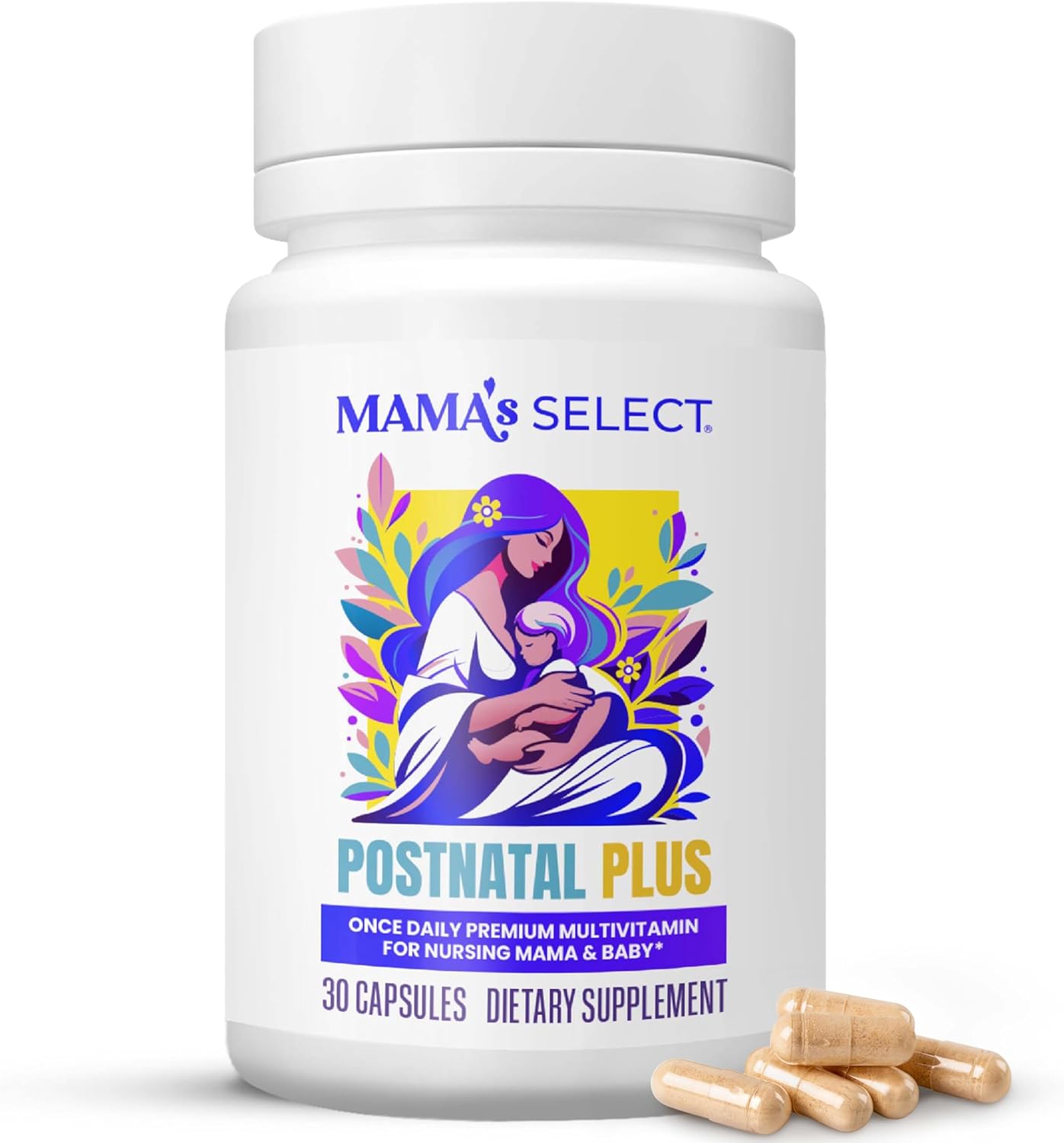Mama's Select Postnatal Vitamins – Boosts Hair Recovery, Milk Supply, & Wellness – Allergen-Free, Vegan, MTHFR Friendly, Methylated Folate & B Vitamins, Easy-to-Swallow, No Biotin - 30 Capsules