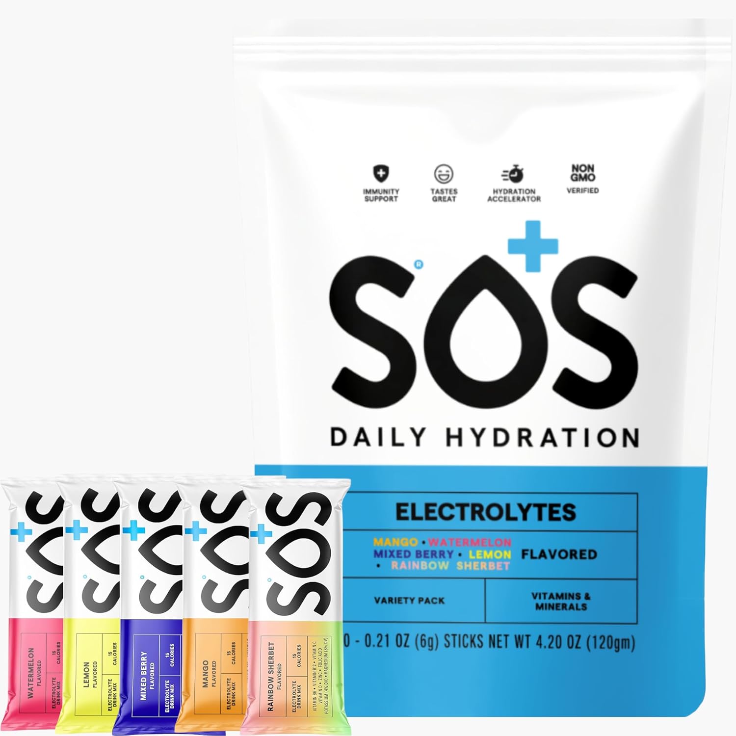 SOS Hydration Electrolyte Packets | 20 Servings | Essential Vitamins | Low Sugar | Keto-Friendly Hydration Powder | Variety
