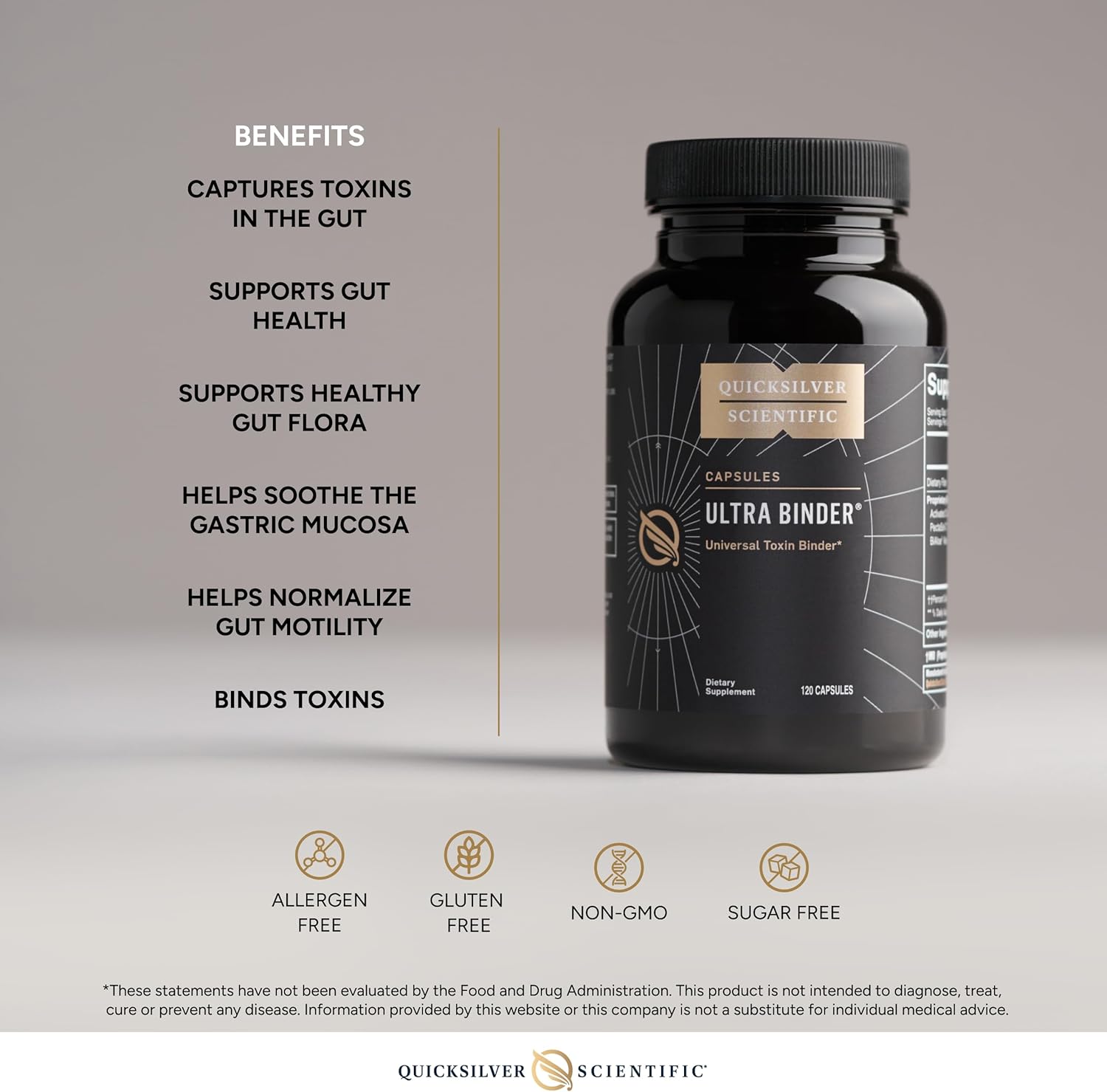 Quicksilver Scientific Ultra Binder - Multi Toxin Binder with Bentonite Clay Powder, Zeolite Detox & Charcoal - Supplement for Gut Support & The Body's Toxin Removal Process (120 Capsules)