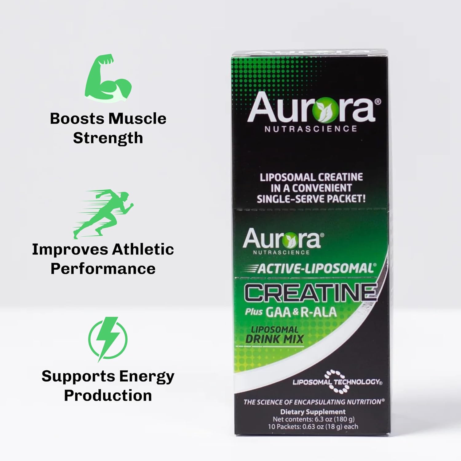 Aurora Nutrascience Liposomal Creatine + GAA & R-ALA Lemon Lime Powder Drink Mix, Increased Energy, Supports Exercise Performance & Muscle Growth for Wowen and Men, 10 Packets