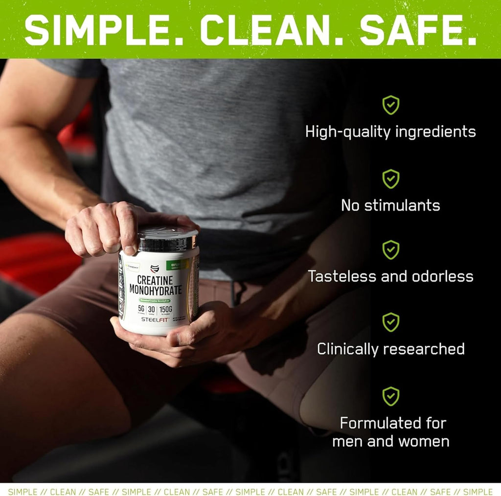 SteelFit Creapure Creatine Monohydrate Powder, Unflavored - German Micronized Creatine Powder for Men & Women - Gym Workout Nutritional Supplements for Muscle Gain, Brain Health & Strength Building