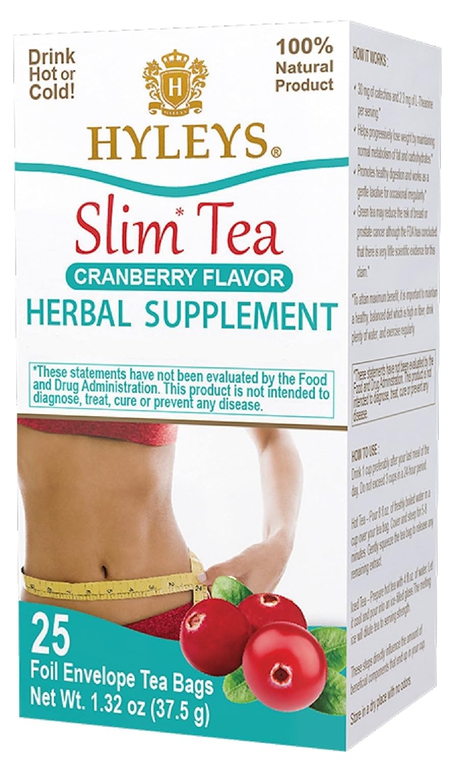 Hyleys Slim Tea Cranberry Flavor - Weight Loss Herbal Supplement Cleanse and Detox - 25 Tea Bags (12 Pack)