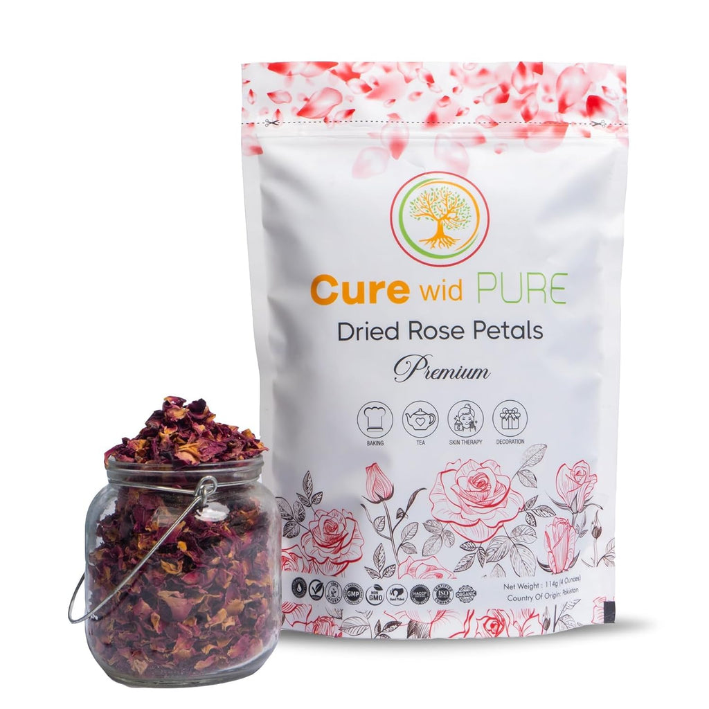 Cure Wid Pure Certified Organic Dried Rose Petals 4 oz Food-Grade Edible Rose Petals for Tea,Cocktails,Baking,Skincare & DIY - Sun-Dried,Non-GMO,Gluten & Chemical-Free Edible Flowers in Resealable Bag