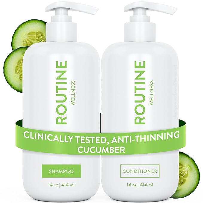 Routine Wellness Anti-Thinning Volumizing Shampoo and Conditioner Set for Thinning Hair to Reduce Breakage - CLINICALLY TESTED Formula with DHT Blockers Saw Palmetto, Nettle Oil - Cucumber Set