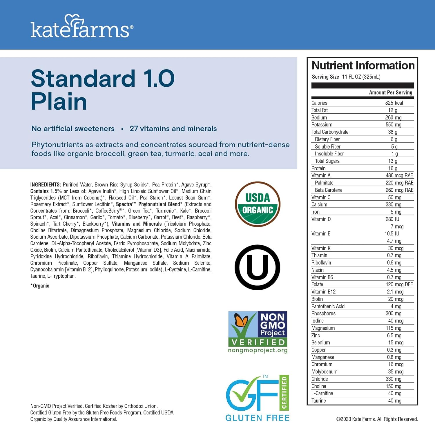 KATE FARMS Organic 1.0 Sole-Source Nutrition Shake, Plain, 16g Protein, 27 Vitamins and Minerals, Meal Replacement, Protein Shake, 11 oz (12 Pack)