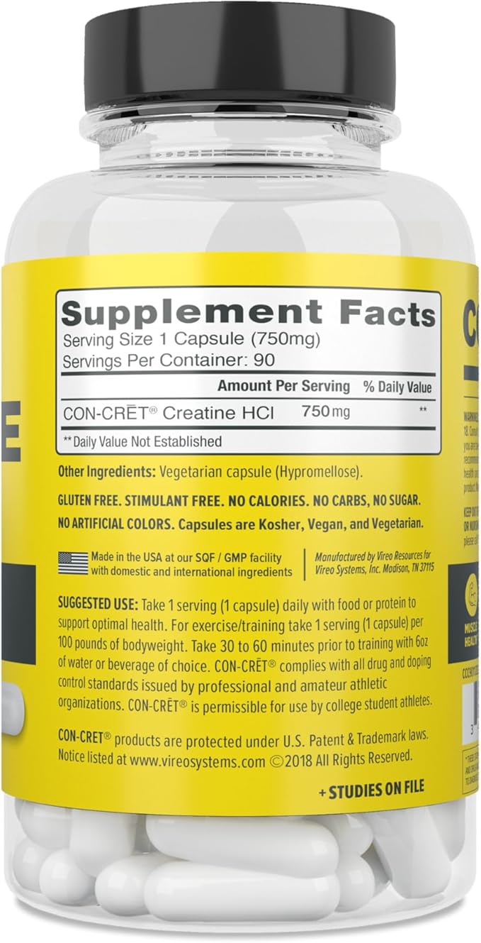 CON-CRET Creatine HCl Capsules | Muscle, Cognitive, Cellular Energy Support | No Bloating or Cramps | USA Made & NSF Certified | Creatine Pills (90 ct)