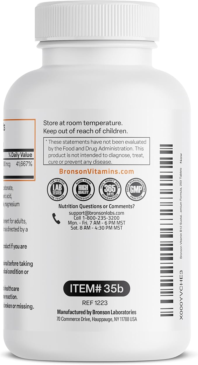 Bronson Vitamin B12 1000 mcg Sustained Release Premium Non GMO Tablets Supports Nervous System, Healthy Brain Function and Energy Production, 250 Count