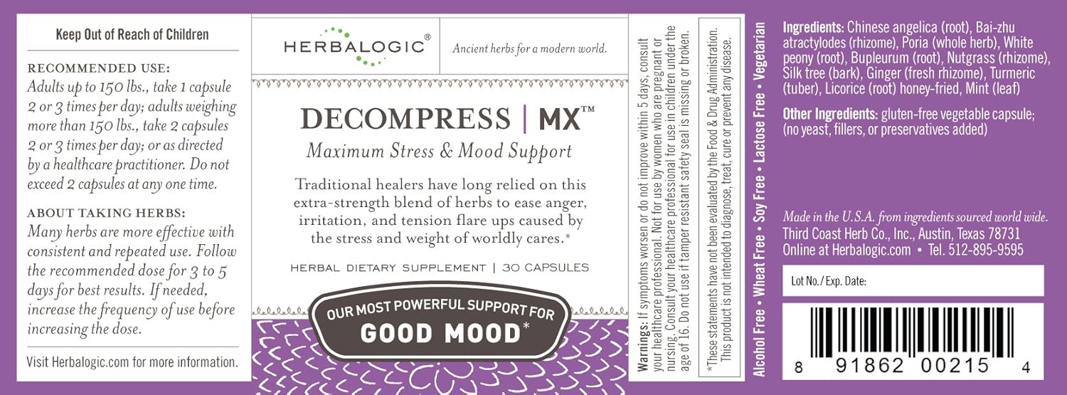Decompress MX Herb Capsules - Maximum Stress & Tension Relief - Reduces Anger & Moodiness, Positive Mood Support - Based on The Traditional Chinese Formula Xiao Yao San - 30 Cap Count