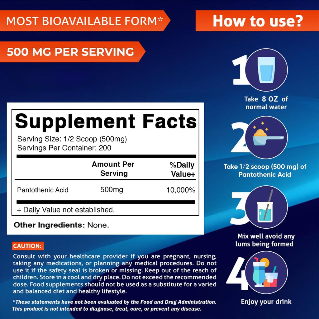 Vitamatic Pantothenic Acid Pure Powder 500 mg per Serving - 100 Grams - Also Called Vitamin B5-200 Servings