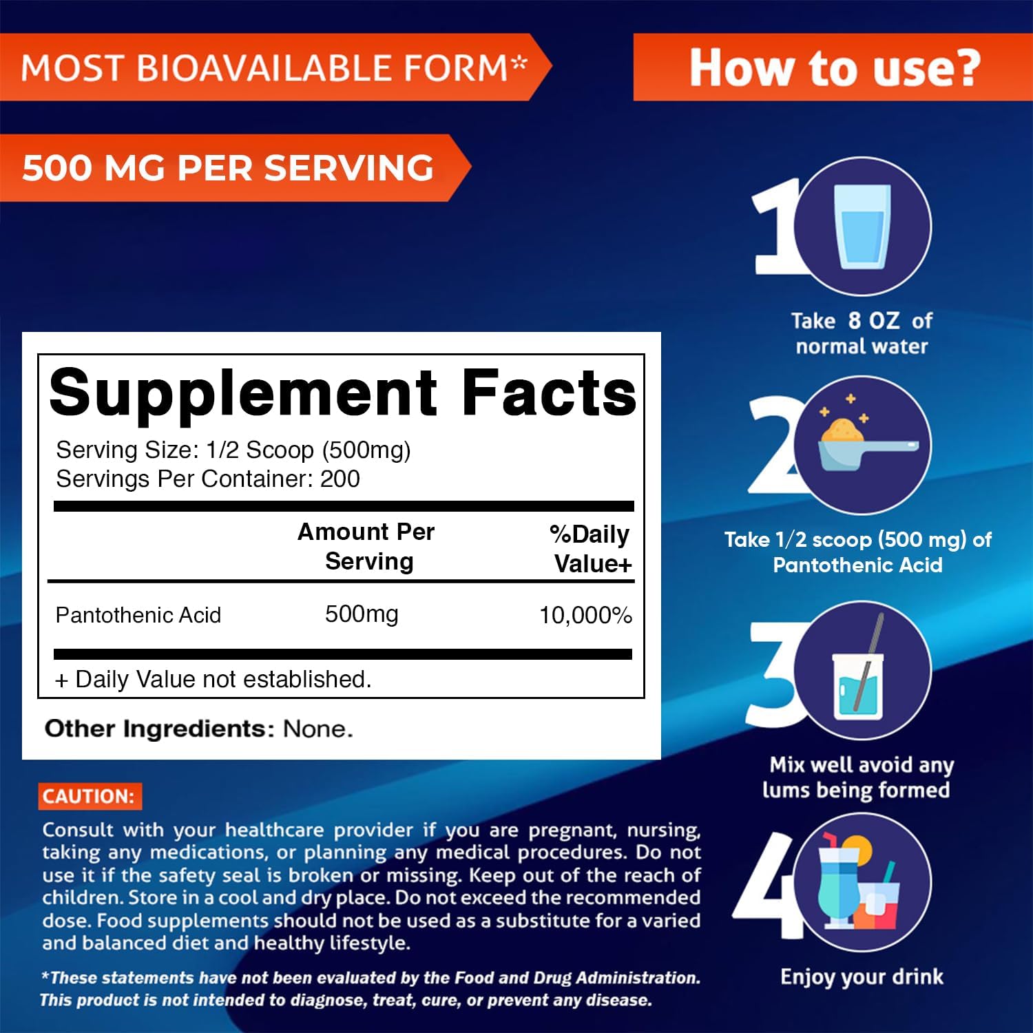 Vitamatic Pantothenic Acid Pure Powder 500 mg per Serving - 100 Grams - Also Called Vitamin B5-200 Servings