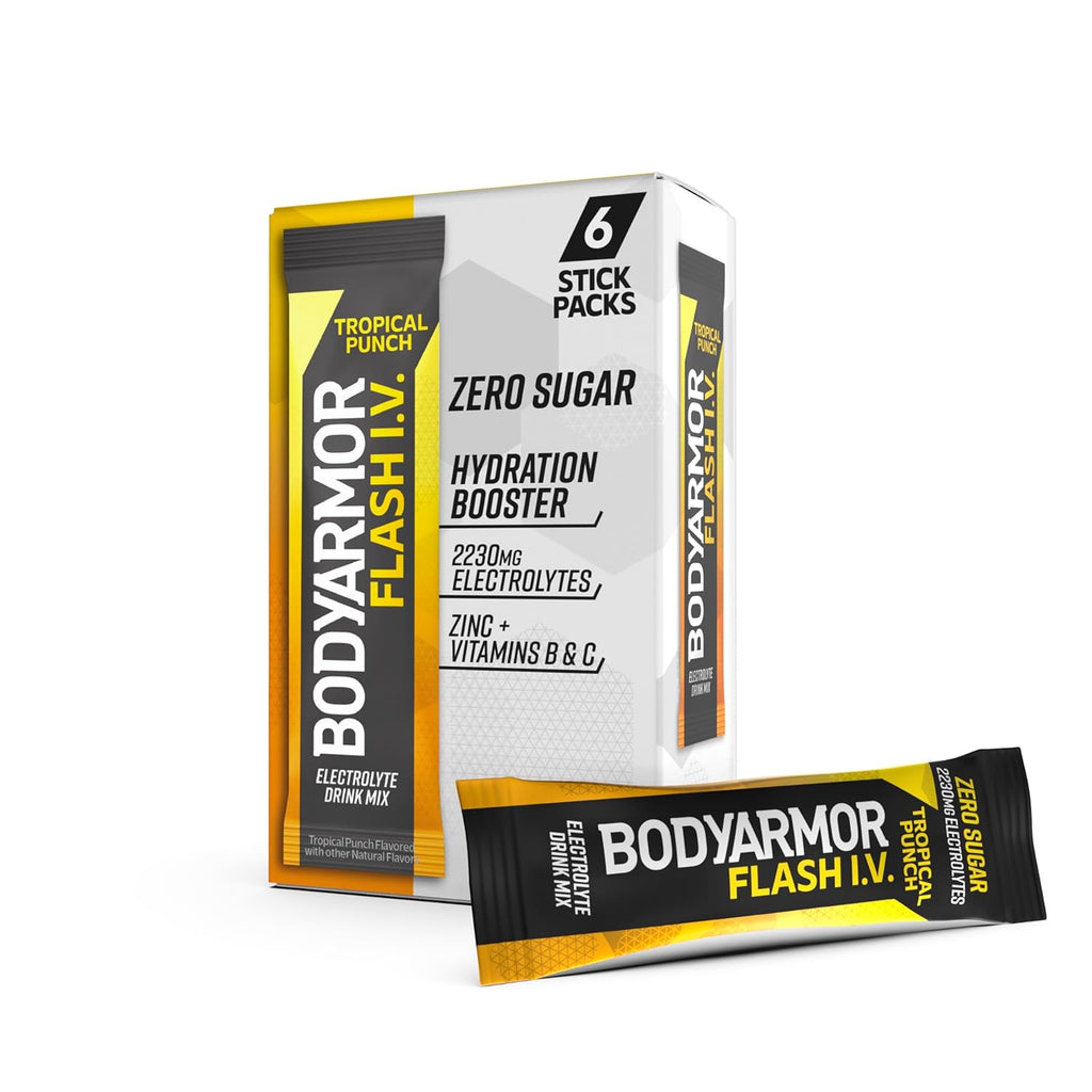 BODYARMOR Flash IV Electrolyte Packets, Tropical Punch - Zero Sugar Drink Mix, Single Serve Packs, Coconut Water Powder (6 Count)