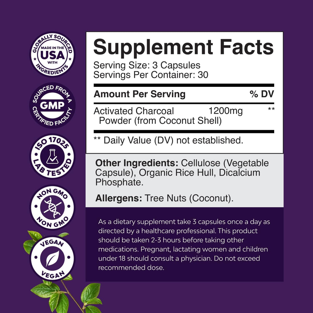 Activated Charcoal Pills Detox & Cleanse - Purifying Coconut Capsules with 1200 mg Per Serving for Bloating Relief - Active Detox Supplement for Body & Gut Health - 90 Count