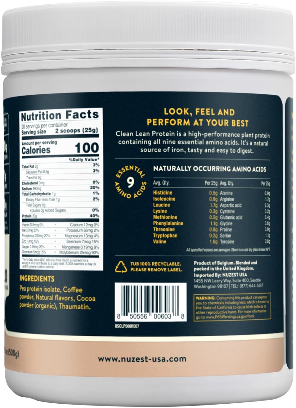 Nuzest - Pea Protein Powder - Clean Lean Protein, Premium Vegan Plant Based Protein Powder, Dairy Free, Gluten Free, GMO Free, Protein Shake, Real Coffee, 20 Servings, 1.1 lb