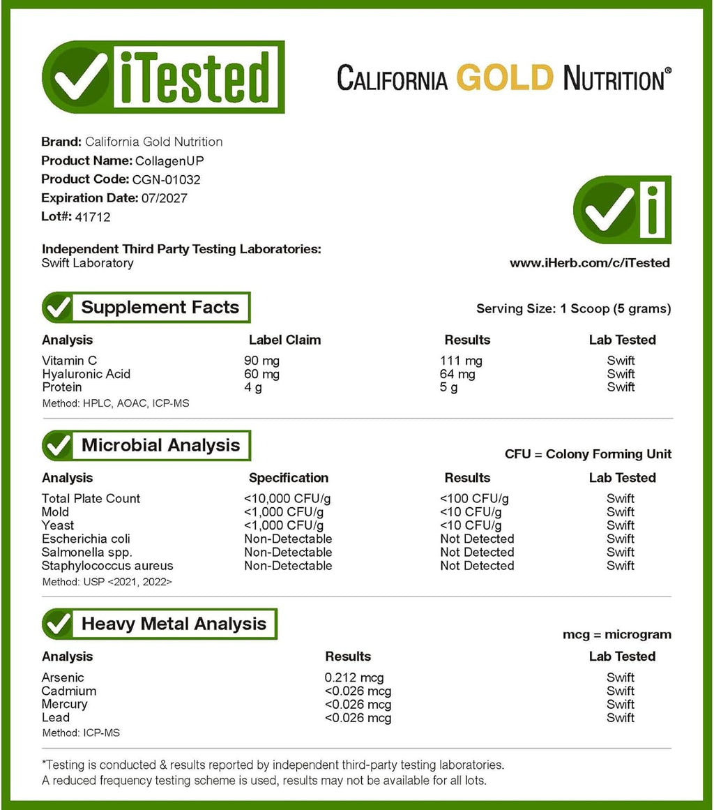 California Gold Nutrition CollagenUP®, Hydrolyzed Marine Collagen Peptides with Hyaluronic Acid and Vitamin C, Unflavored, 1.02 lb (464 g)