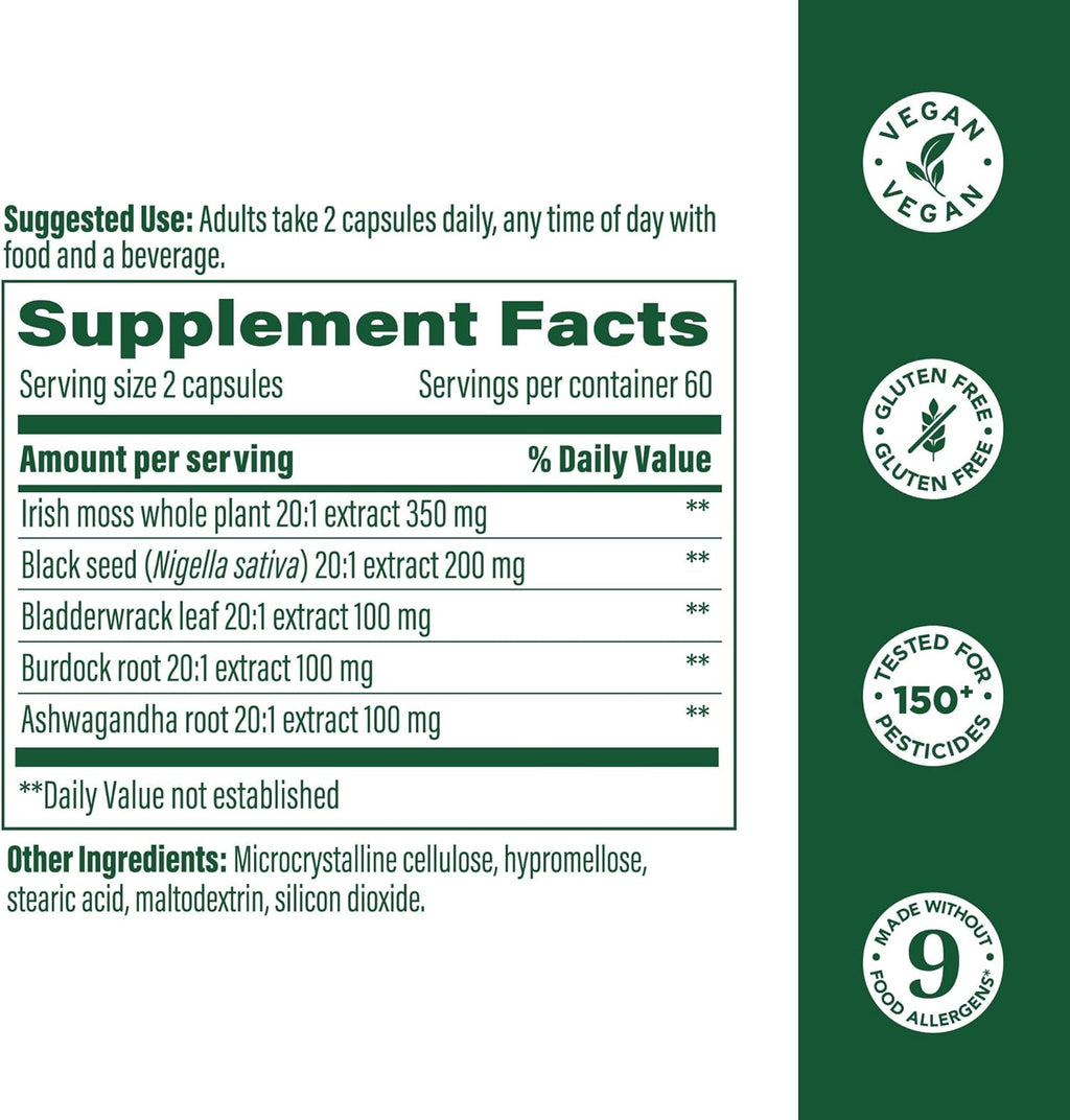MegaFood Sea Moss Complex - Irish Sea Moss 7000mg Per Serving Plus Black Seed Oil, Burdock Root, Bladderwrack & Ashwagandha - Vegan Gut Health & Immune Support Supplement, 120 Capsules, 60 Servings