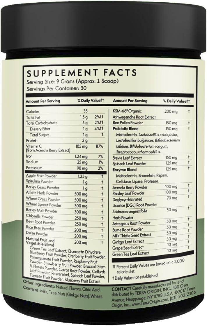 TERRA ORIGIN Superfoods Greens for Immune Defense and Digestive Support | with Spirulina, Probiotics, Organic Vegetables, Digestive Enzymes | Non-GMO | 30 Servings | Mint Flavor