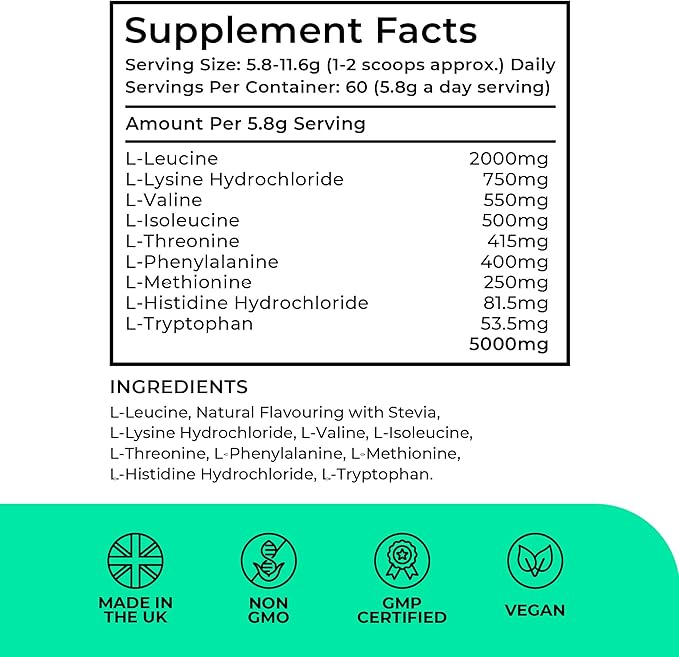 Love Life Supplements EAA Amino Acids Powder, All 9 Essential Amino Acids Including BCAA's and 2 Grams of Leucine per Serving, Apple & Kiwi Flavour, 348g - 60 Servings (5g of EAA's per Serving)