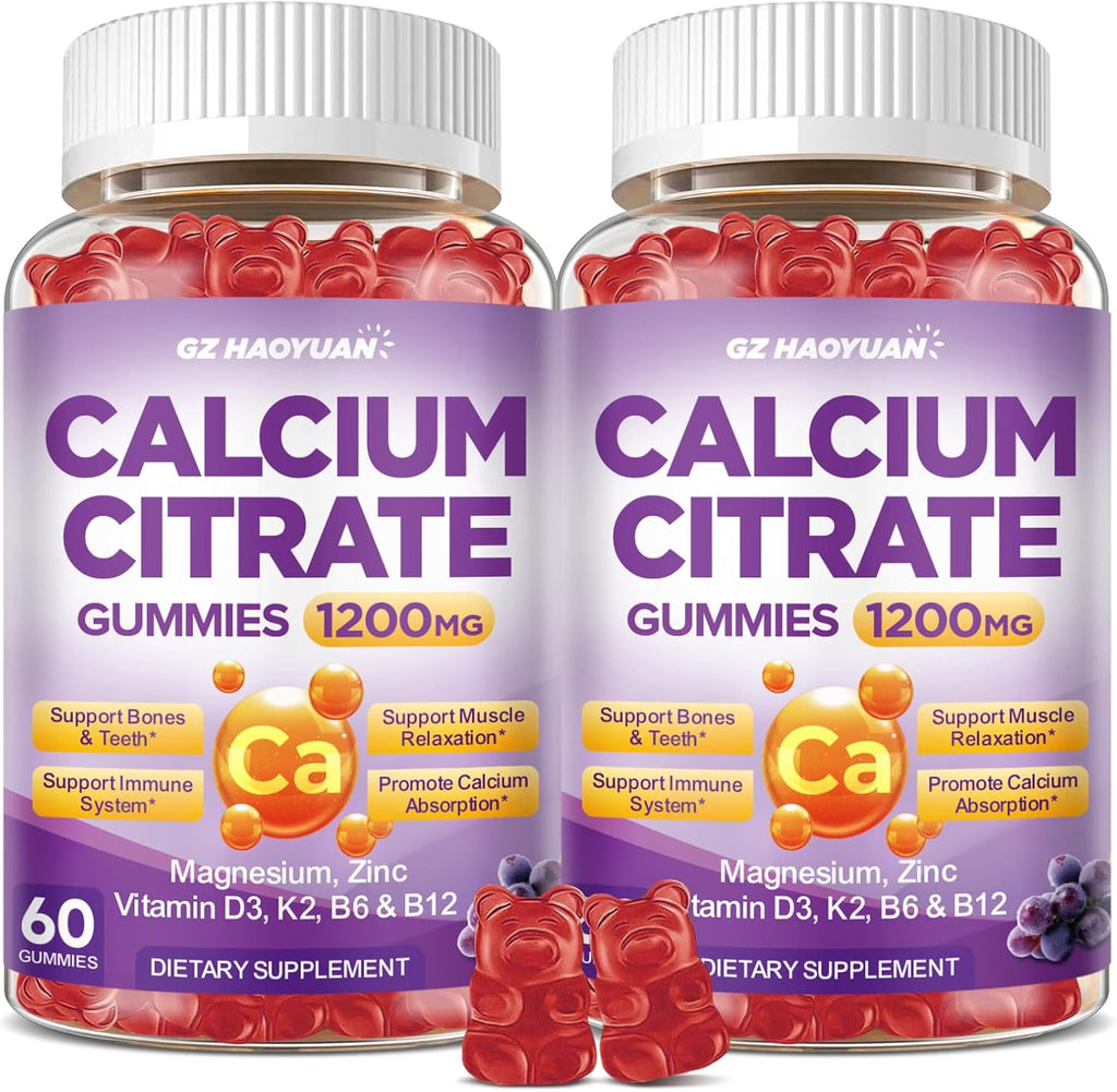 Calcium Citrate Gummies - 1200mg Calcium Gummies Supplements for Women & Men with Vitamin D3, K2, Magnesium, Zinc High Absorption for Bone, Muscle & Immune Support, Grape Flavor, 120 Count
