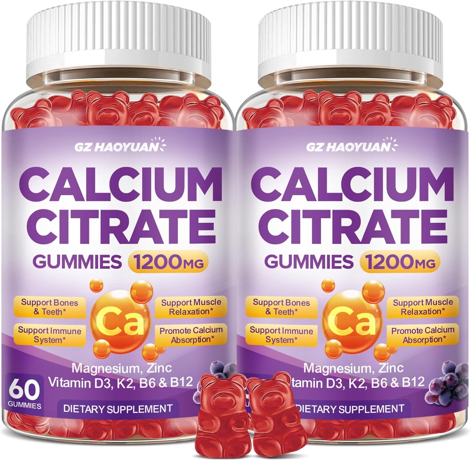 Calcium Citrate Gummies - 1200mg Calcium Gummies Supplements for Women & Men with Vitamin D3, K2, Magnesium, Zinc High Absorption for Bone, Muscle & Immune Support, Grape Flavor, 120 Count