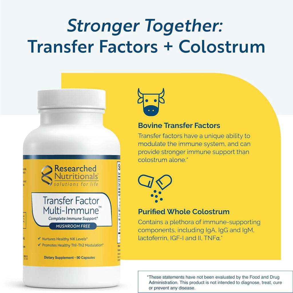 Researched Nutritionals Transfer Factor Multi-Immune Colostrum Supplement - Mushroom-Free Immune Support with Zinc, Beta Glucan, and Green Tea - Backed by Clinical Research (90 Capsules)