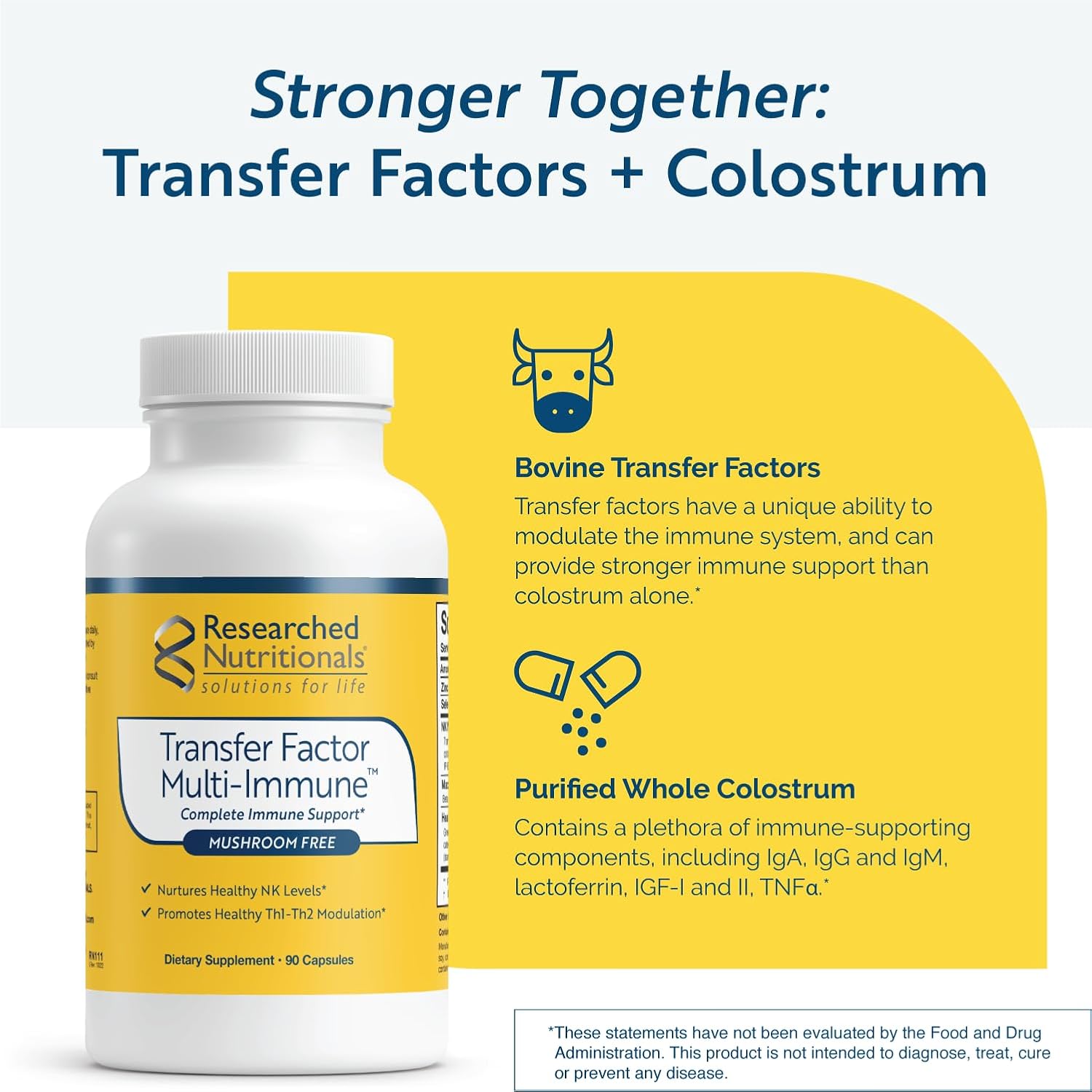 Researched Nutritionals Transfer Factor Multi-Immune Colostrum Supplement - Mushroom-Free Immune Support with Zinc, Beta Glucan, and Green Tea - Backed by Clinical Research (90 Capsules)