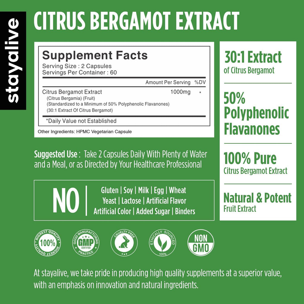 STAY ALIVE Citrus Bergamot Capsules 1000mg, 30:1 Super Extract with 50% Polyphenolic Flavanones, 120 Pills, Citrus Bioflavonoids Natural Heart Health Supplements for Women & Men | Non-GMO, Gluten-Free