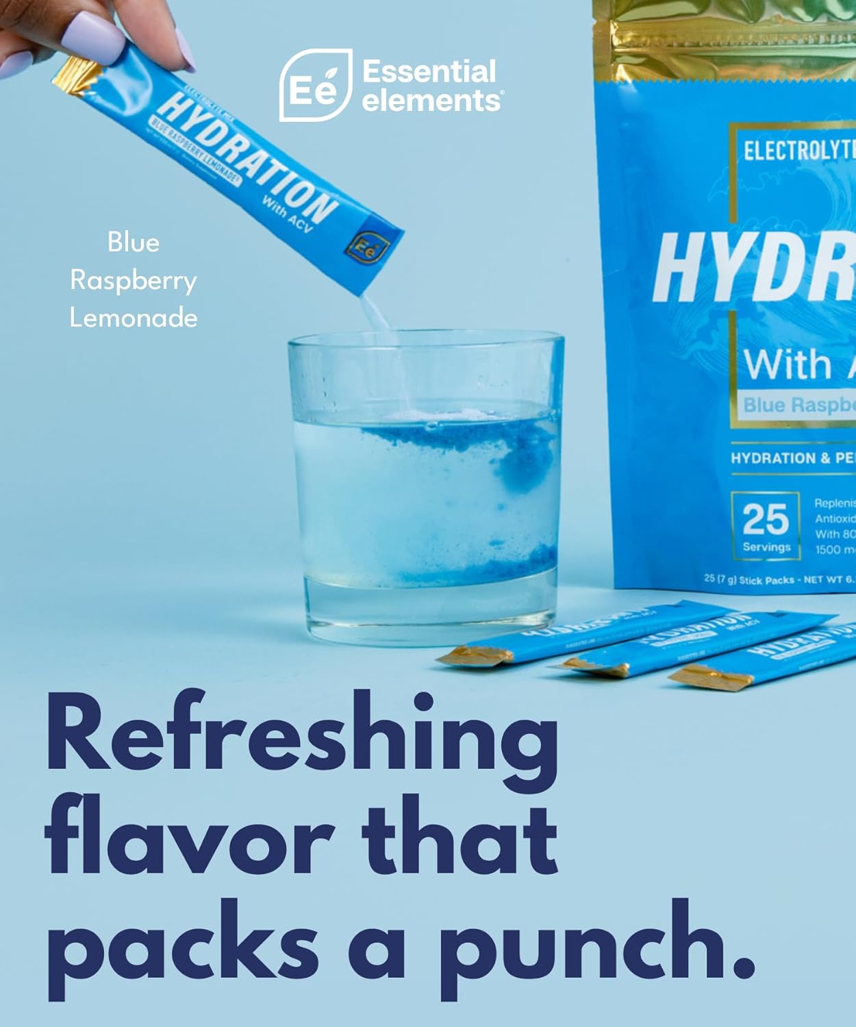 Essential Elements Hydration Packets - Blue Raspberry Pack - Sugar Free Electrolytes Powder Packets - 25 Stick Packs of Electrolytes Powder No Sugar - Hydration Drink - with ACV & Vitamin C