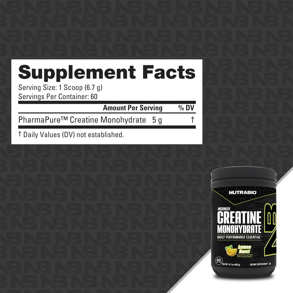 NutraBio Pure Micronized Creatine Monohydrate Powder Supplement, Lemon Burst, (300 g) - Supports Bulk Muscle Energy, Recovery, and Strength - HPLC Tested Creatine Powder Supplement for Men and Women