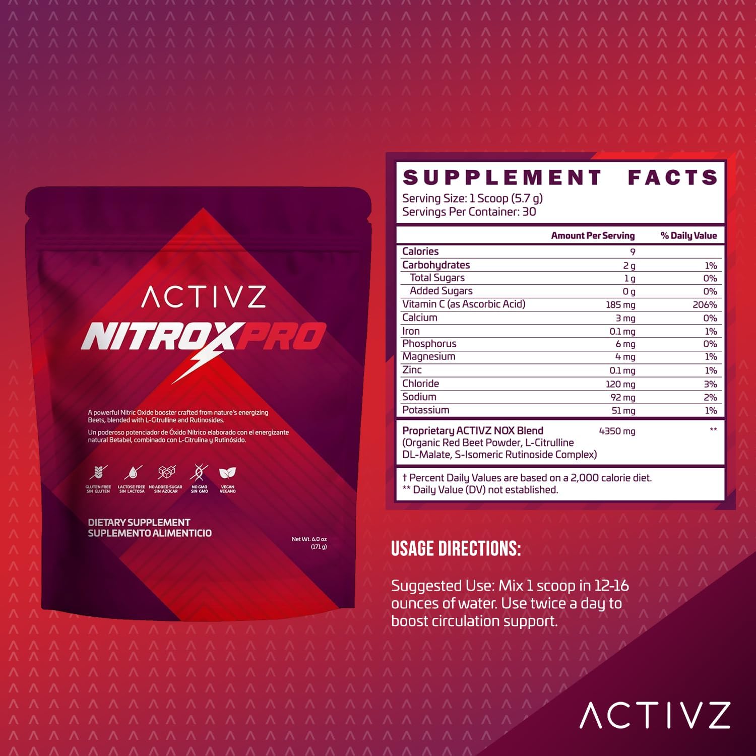 ACTIVZ NitroxPro™ Drink Powder - Beets, L-Citrulline, Rutinosides, CyLoc Dextrin & DexKey for Nitric Oxide, Cardiovascular Support, 6.0 oz (171g)