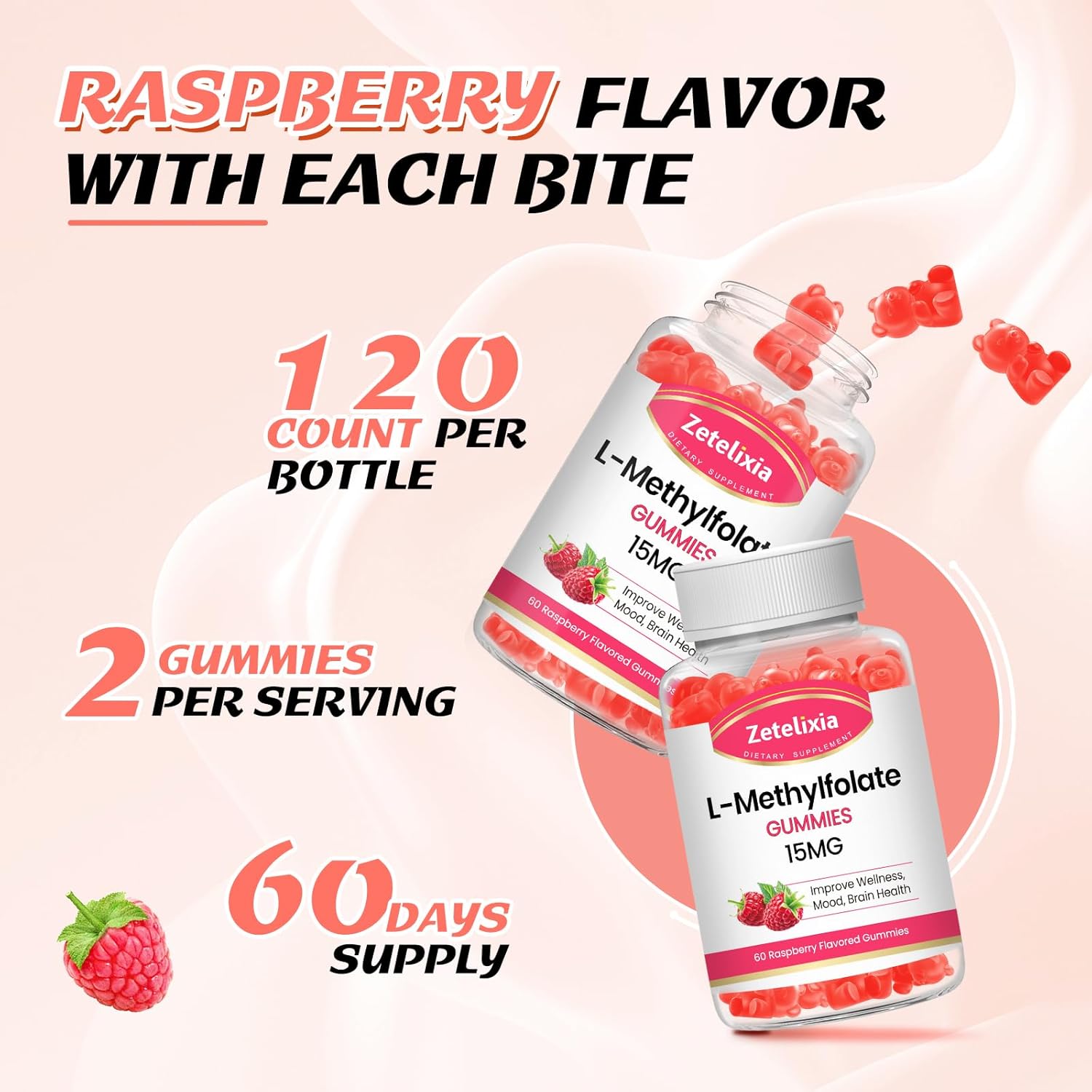 2 Pack L-Methylfolate 15mg & Methyl B12 Gummies, Folate Supplement for Brain Health, Mood & Immunity, DNA Synthesis & Repair, Sugar Free, Vegan, Raspberry Flavor, 120 Count