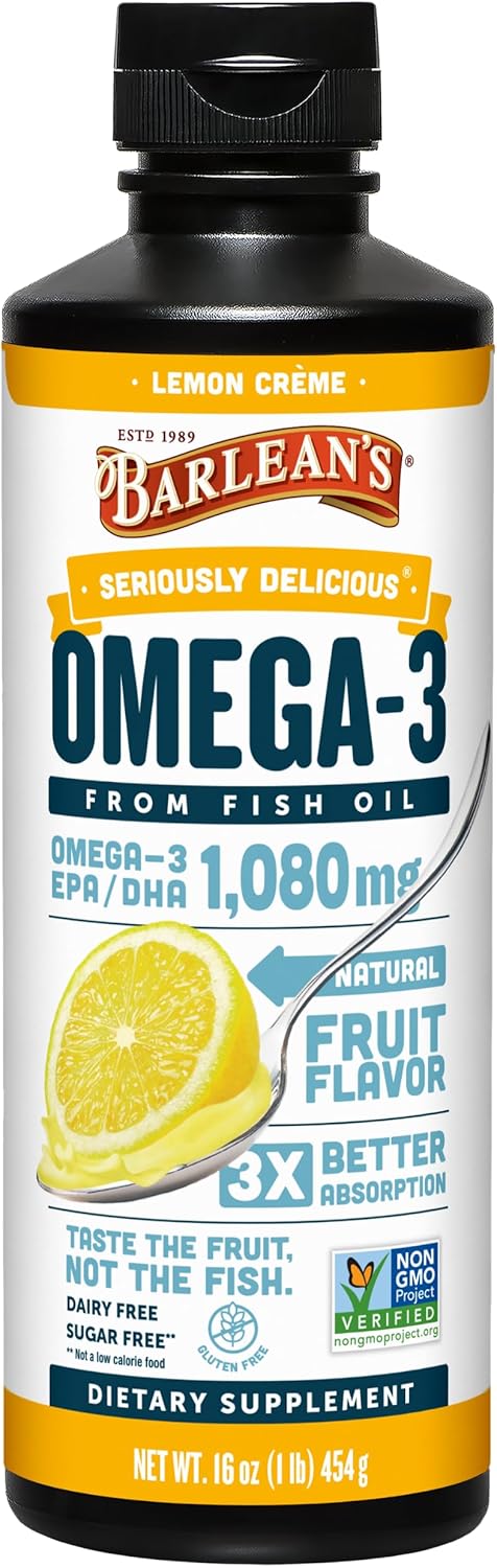 Barlean's Omega 3 Fish Oil Liquid Supplement for Men and Women, Lemon Crème, 1080mg of Omega 3 EPA and DHA Fatty Acid, 16 oz