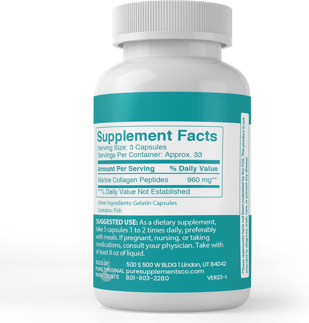 PURE ORIGINAL INGREDIENTS Marine Collagen Peptides, (100 Capsules) Always Pure, No Additives or Fillers, Lab Verified