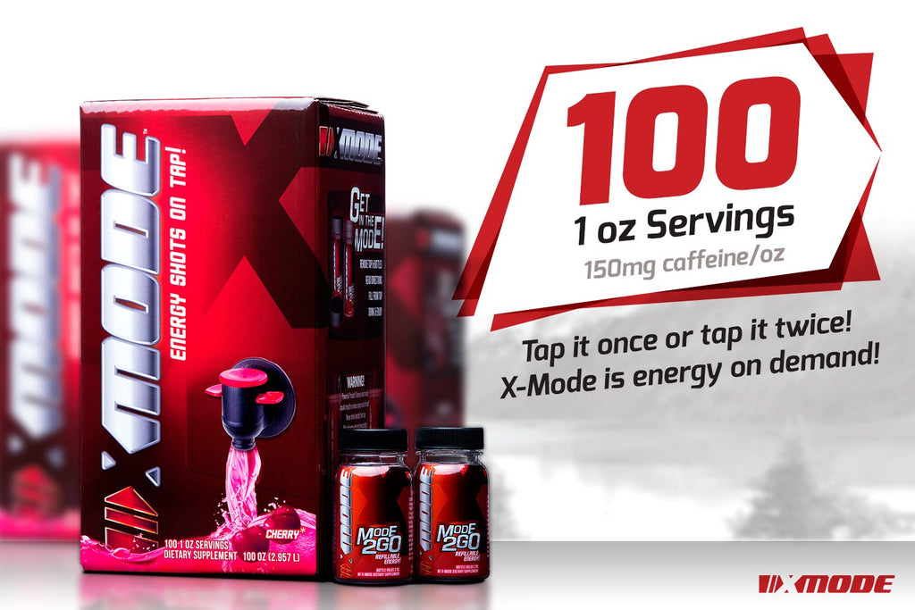 XMODE Energy Shots on Tap (Tangerine Scream Flavor) – 100 Serving Dispenser with Refillable Bottles for On-Demand Energy at 150mg Caffeine Per Oz