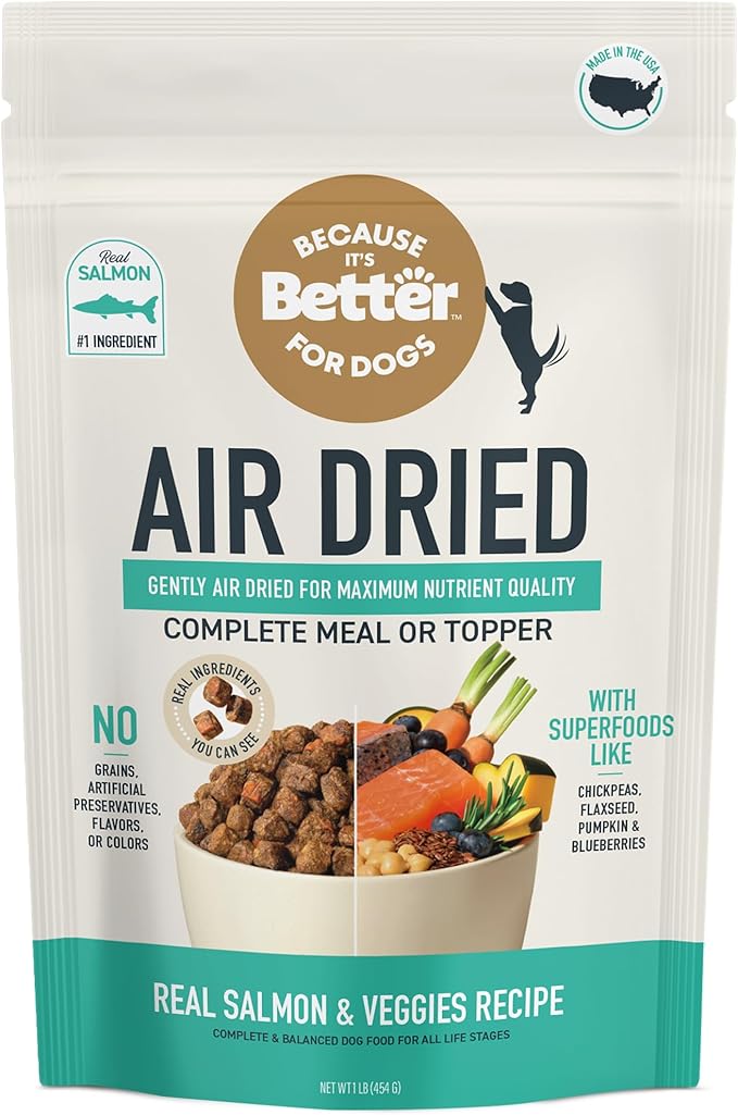 Because It's Better Slow Baked and Air Dried Dog Food, Real Salmon and Veggies, 1lb Bag, Complete and Balanced Dry Dog Food, for All Life Stages