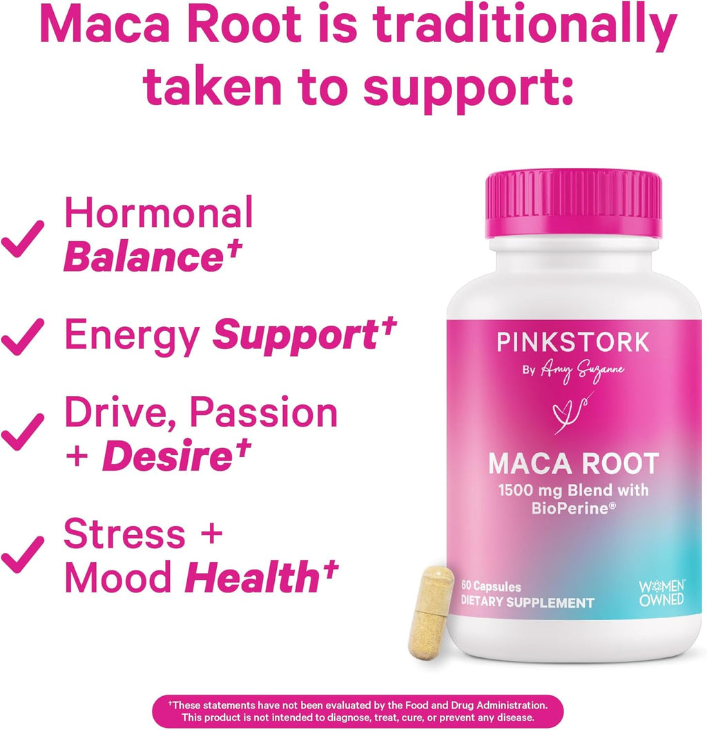 Pink Stork Maca Root Capsules for Women – Organic Maca with BioPerine® for Hormonal Balance, Energy + Wellness – Supports Perimenopause, Menstrual Health, and Vitality