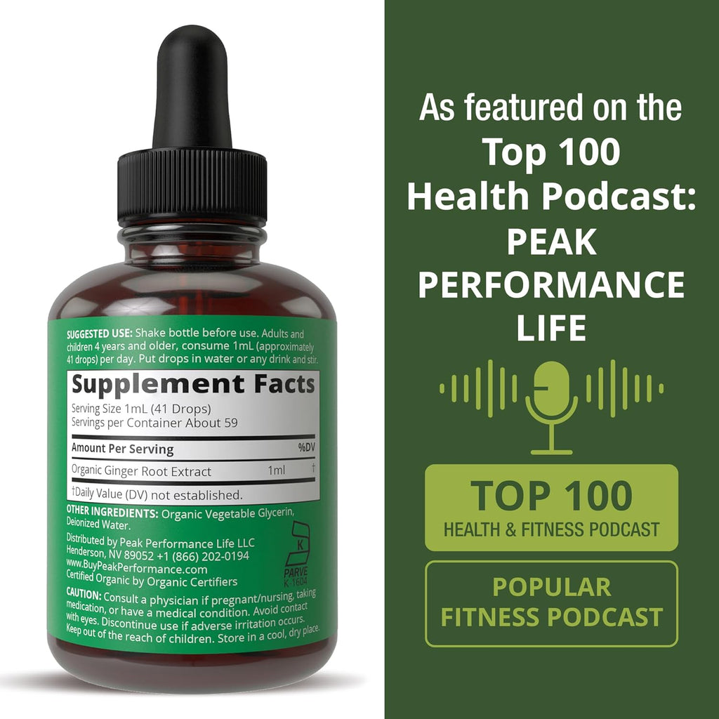 USDA Organic Ginger Root Extract Liquid Drops. Zero Sugar, Non Bitter Vegan Ginger Oil Supplement For Immune, Digestive + Gut Support. High Bioavailability, Gluten Free For Women and Men. Take Orally