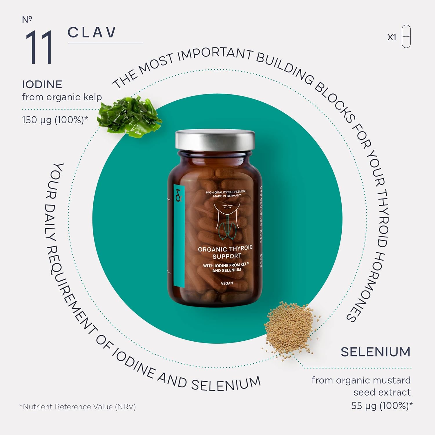 Organic Thyroid Support Supplement with Iodine from Sea Kelp Organic and Selenium from Mustard Seed Extract - 120 Capsules - Natural Thyroid Supplement for Men & Women - Vegan and Gluten Free