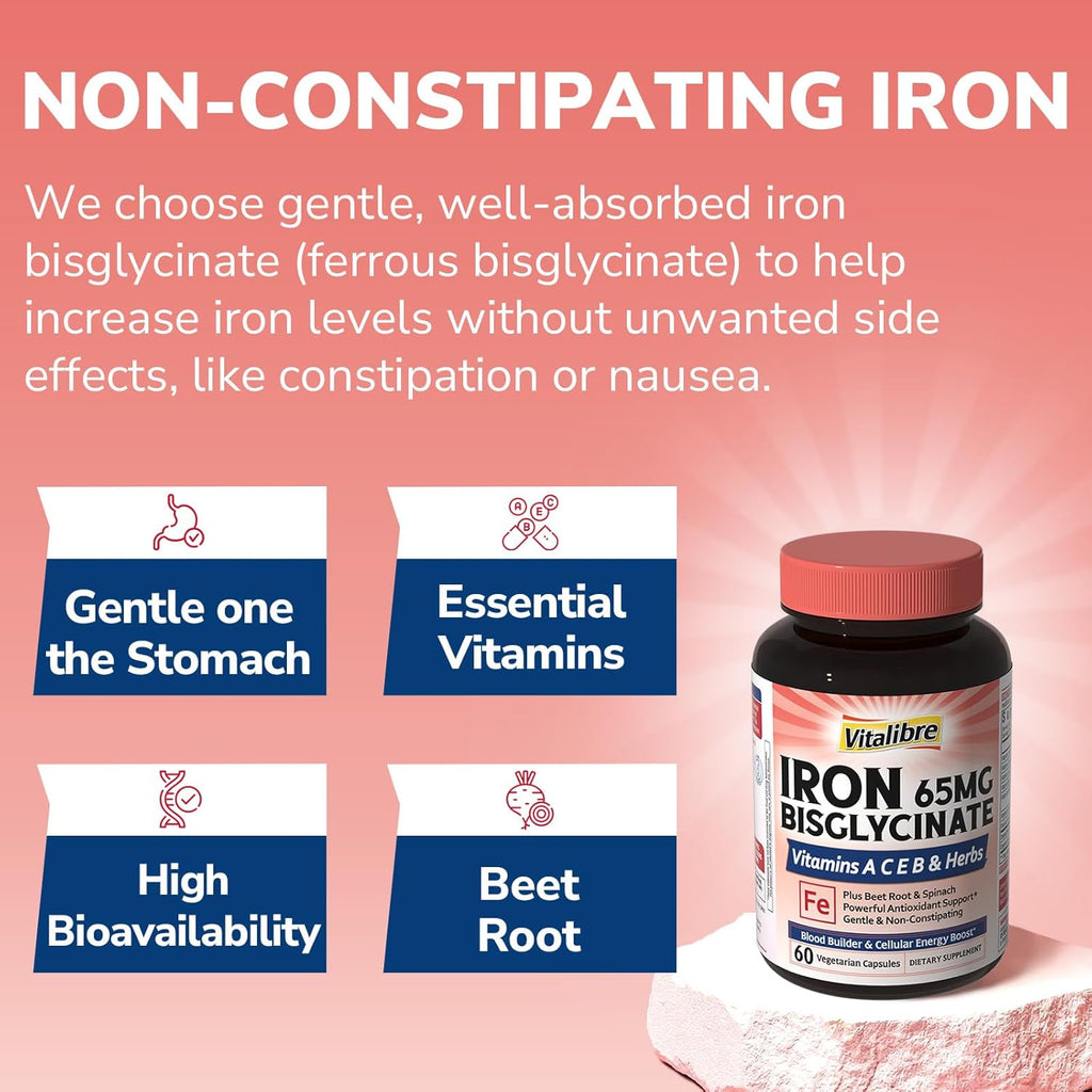Iron Supplement for Women and Men, Iron Bisglycinate, 65mg Elemental Iron, Non-Constipating, Plus Blood Builder Vitamins C B6 B12 Folate & Beet Root, Energy Support, Blood Health, 60 Caps