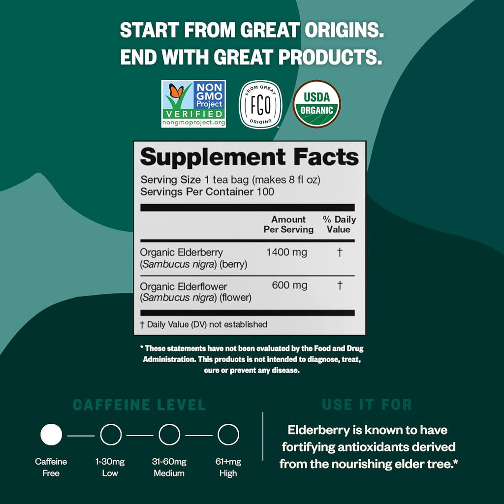 FGO Organic Elderberry Tea, 100 Count, Eco-Conscious Herbal Tea Bags, Resealabel Bag, Caffeine Free, Packaging May Vary (Pack of 1)