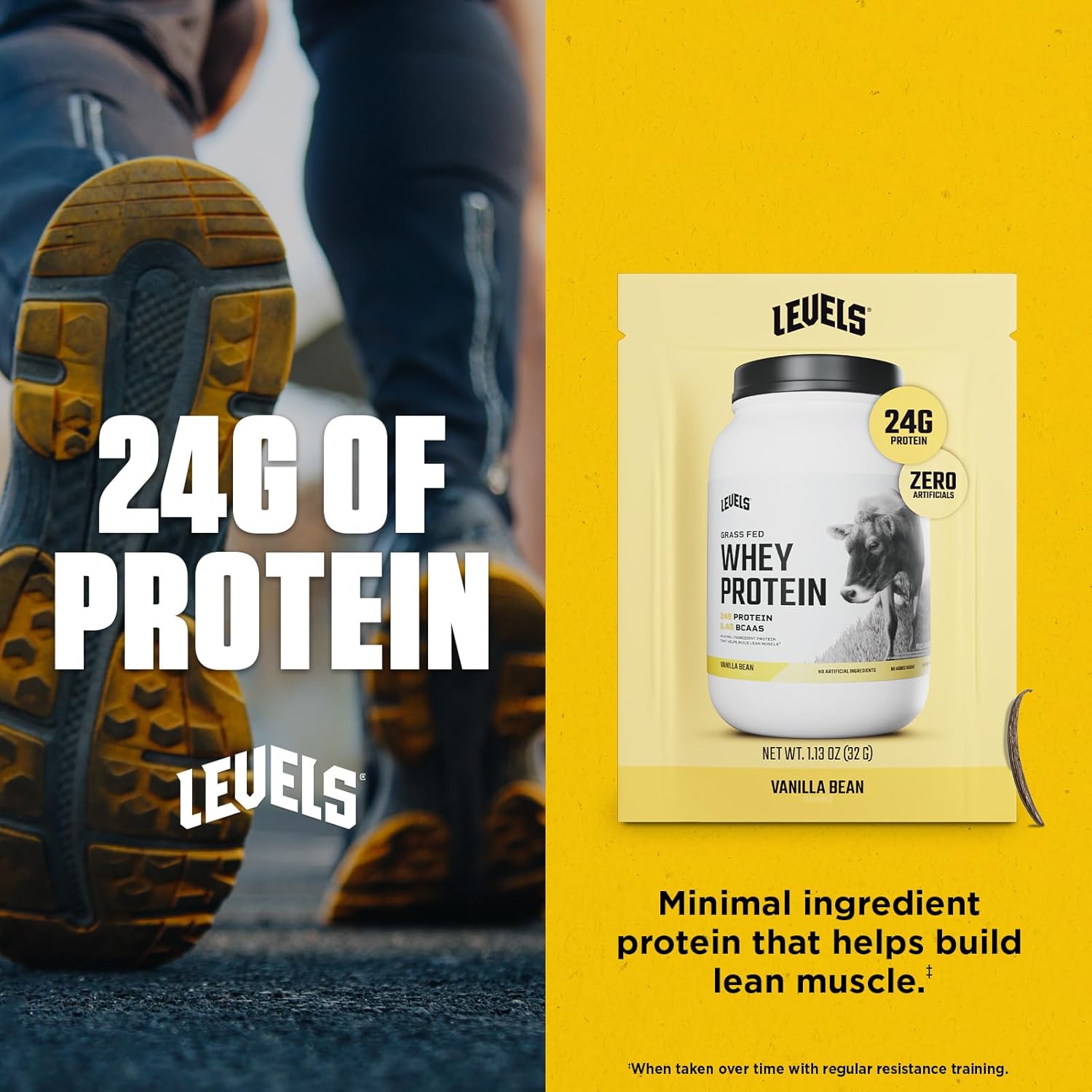 Levels Grass Fed Whey Protein Powder, No Artificials, 24G of Protein, Vanilla Bean, 12 Count