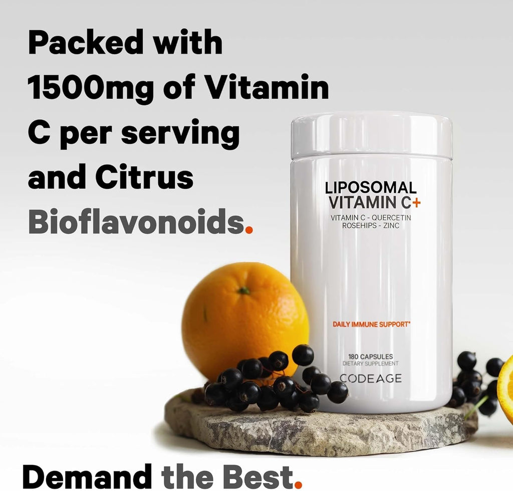 Codeage Liposomal Vitamin C 1500mg with Zinc, Elderberry, Citrus Bioflavonoids Grapefruit, Lemon, Orange Powder, Quercetin & Rose HIPS Fruit – Vegan Supplement - Non-GMO, Vegan Pills, 180 Capsules